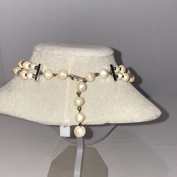 Vintage Signed Laguna Aurora Borealis Glass & Faux Pearl Bead 2 Strand Necklace - Picture 6 of 11